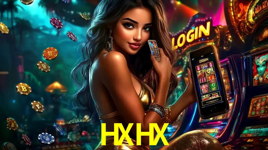 Mulher em um cenário de cassino temático de aventura, mostrando o app de caça-níqueis da HXHX no celular. Fichas de apostas flutuam ao redor.