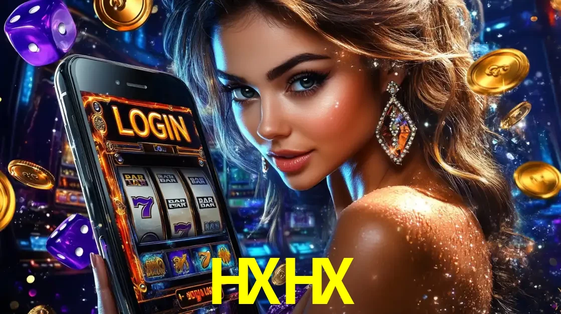 Mulher glamorosa segurando um smartphone com a tela de login para os jogos de caça-níqueis do cassino online HXHX, com moedas de ouro e dados ao redor.