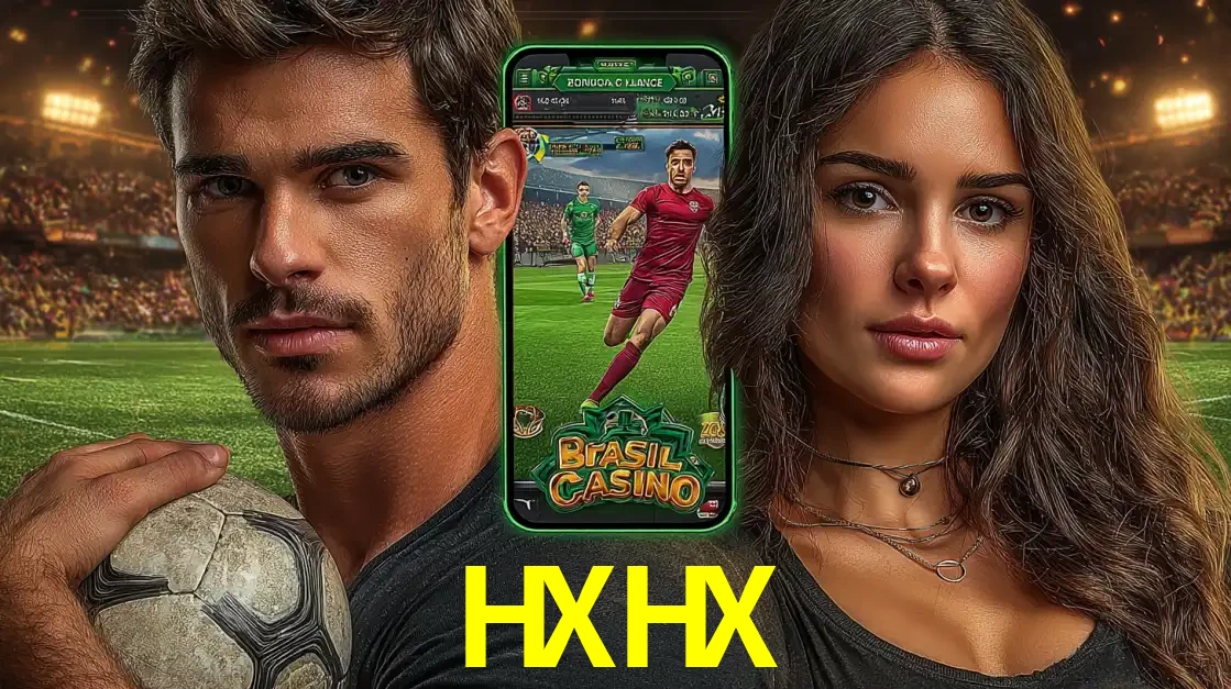 Homem segurando uma bola de futebol e uma mulher ao lado de um smartphone exibindo o jogo de apostas esportivas da HXHX. Faça seu palpite no cassino online.